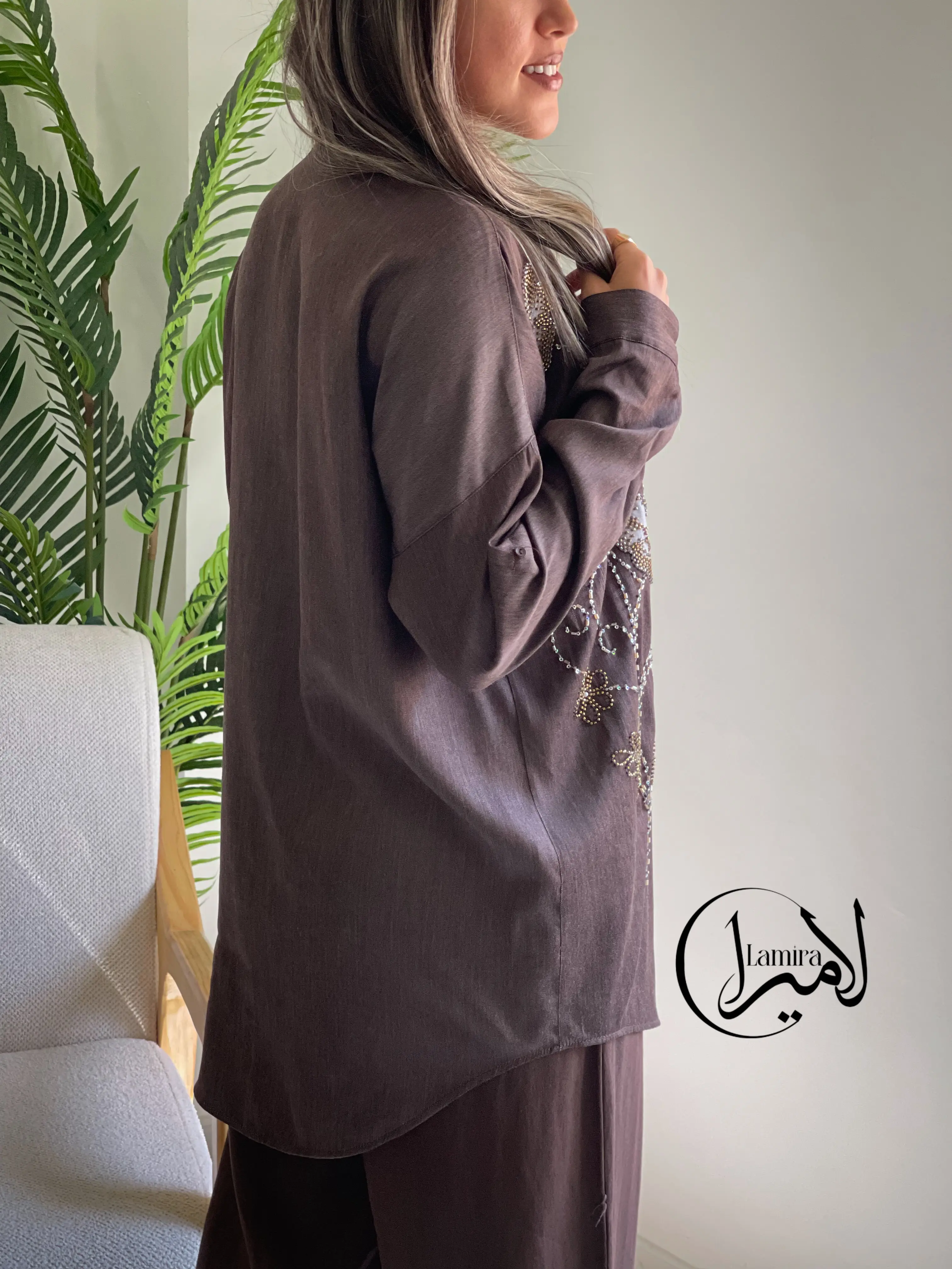 شومیز مانتویی جین کاغذی مجلسی اورجینال ترک طرح گل شیپوری